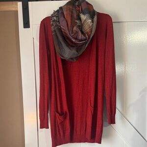 Maurices Rust Cardigan with matching plaid infinity Scarf